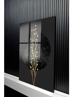 KutuTR Lüks Siyah Zeminli Gold Dal ve Küre Temalı Temperli Cam Tablo 50X70 cm 2d Uv Baskı - YCT255