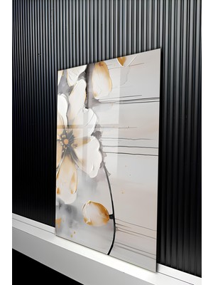 KutuTR Yağlı Boya Gold Detaylı Beyaz Çiçek Tasarımlı Temperli Cam Tablo 50X70 cm 2d Uv Baskı - YCT240