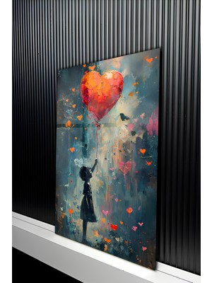 KutuTR Kırmızı Kalp Balonlu Kız Temalı Temperli Cam Tablo 50X70 cm 2d Uv Baskı - YCT090