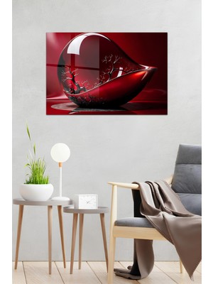 KutuTR Kırmızı Cam Damla Içinde Hayat Ağacı Temalı Temperli Cam Tablo 50X70 cm 2d Uv Baskı - YCT045