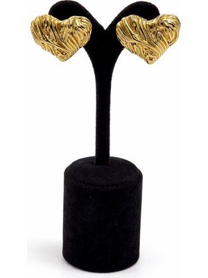 Pangu Altın Renk Kabartmalı Kalp Model Çelik Küpe