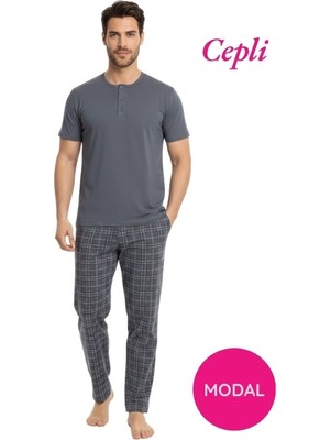 Bie's Erkek Gri Modal 3 Düğmeli Ekose Desen Pamuk Likra Kısa Kol Cepli Pijama Takımı