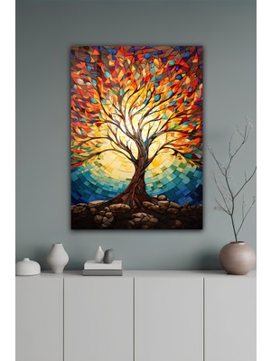 KutuTR Renkli Mozaik Hayat Ağacı Temalı Temperli Cam Tablo 50X70 cm 2d Uv Baskı - YCT057