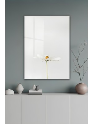 KutuTR Minimalist Beyaz Papatya Temalı Tasarımlı Temperli Cam Tablo 50X70 cm 2d Uv Baskı - YCT117