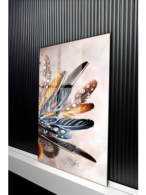 KutuTR Modern Bohem Stil Renkli Kuş Tüyü Temalı Temperli Cam Tablo 50X70 cm 2d Uv Baskı - YCT192