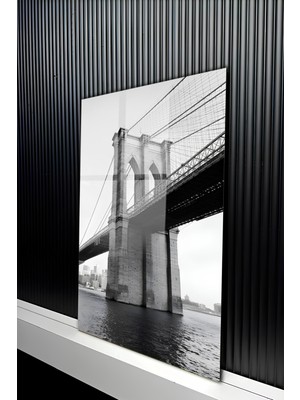 KutuTR Modern Siyah Beyaz Brooklyn Köprüsü Manzaralı Temperli Cam Tablo 50X70 cm 2d Uv Baskı - YCT173