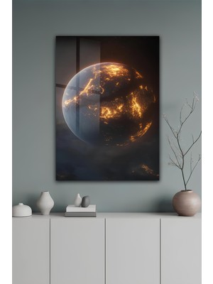KutuTR Altın Işıklarla Parlayan Dünya Temalı Temperli Cam Tablo 50X70 cm 2d Uv Baskı - YCT060