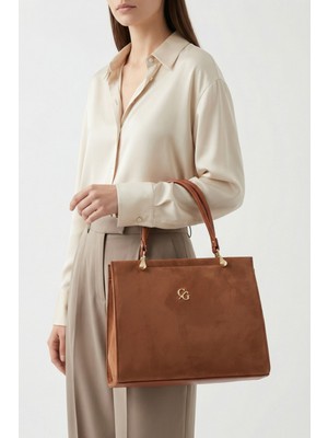 Gaia Rinaldi Kadın Taba Süet Çok Bölmeli Omuz Çantası, Ayarlanabilir Uzun Askılı, El Çantası