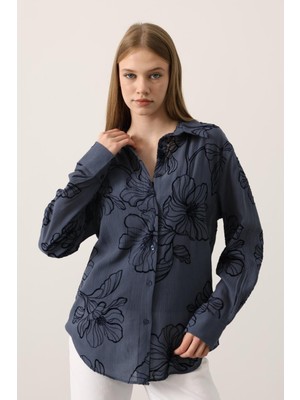Cemo Kadın Çiçek Desenli Uzun Kollu Düğmeli Gömlek