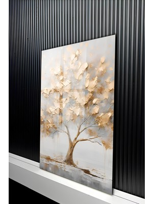 KutuTR Altın ve Gümüş Tonlarında Estetik Ağaç Temal Temperli Cam Tablo 50X70 cm 2d Uv Baskı - YCT155