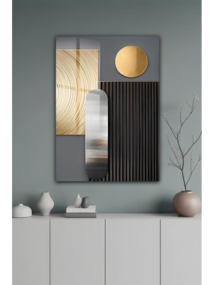 KutuTR Modern Geometrik Formlar ve Altın Detaylı Temperli Cam Tablo 50X70 cm 2d Uv Baskı - YCT130