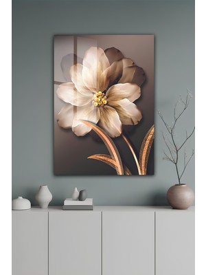 KutuTR Altın Varak Detaylı Şık Çiçek Tasarımlı Temperli Cam Tablo 50X70 cm 2d Uv Baskı - YCT126