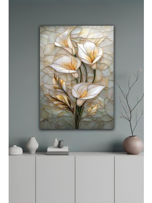 KutuTR Altın Detaylı Beyaz Lilyum Çiçekli Temperli Cam Tablo 50X70 cm 2d Uv Baskı - YCT085