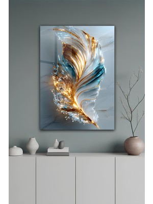 KutuTR Mavi ve Altın Tüy Desenli Temperli Cam Tablo 50X70 cm 2d Uv Baskı - YCT051