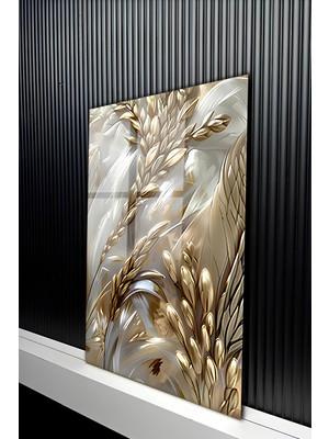 KutuTR Modern Altın Sarısı Başak Desenli Temperli Cam Tablo 50X70 cm 2d Uv Baskı - YCT114