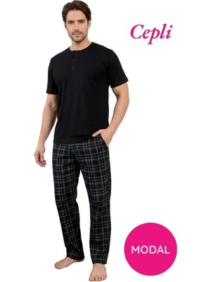 Bie's Erkek Siyah Modal 3 Düğmeli Ekose Desen Pamuk Likra Kısa Kol Cepli Pijama Takımı