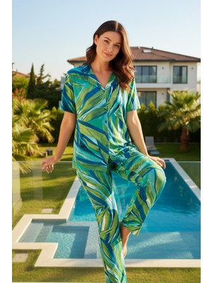 Remsa Kadın Desenli Kısa Kol Likralı Viskon Pijama Takımı 0289 Yeşil