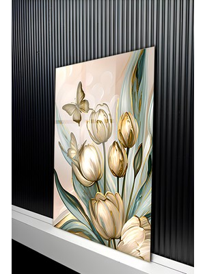 KutuTR Kelebek Detaylı Beyaz Lale Kompozisyonutemperli Cam Tablo 50X70 cm 2d Uv Baskı - YCT146