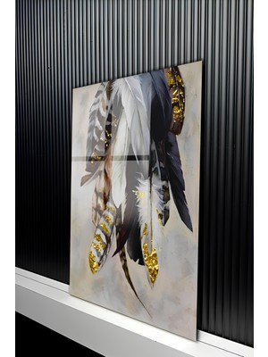 KutuTR Altın Varak Detaylı ve Egzotik Kuş Tüyü Tasarımlı Temperli Cam Tablo 50X70 cm 2d Uv Baskı - YCT291
