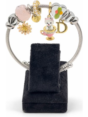 Pangu Papatya & Kedi Figürlü Harf Detaylı Gümüş ve Altın Renk Çelik Charm Bileklik