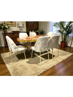 Msy Home Ada Gold Serisi Ceviz Masa Yönsüz Kumaş Lüks ve Modern Yemek Odası Takımı