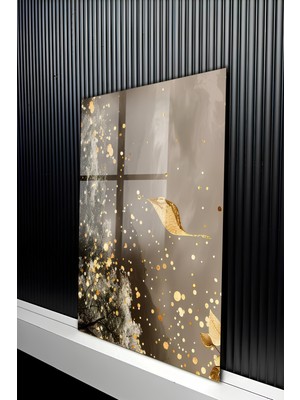 KutuTR Lüks Altın Detaylı Işıltılı Soyut Yaprak Tasarımlı Temperli Cam Tablo 50X70 cm 2d Uv Baskı - YCT283