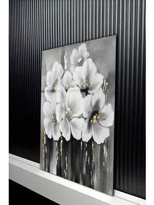 KutuTR Gri Siyah Temalı Gold Işıltılı Beyaz Çiçek Desenli Temperli Cam Tablo 50X70 cm 2d Uv Baskı - YCT209