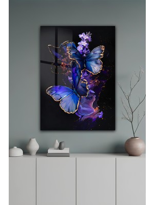 KutuTR Mavi Kelebekli Mor Çiçekli Siyah Zemin Dekoratif Temperli Cam Tablo 50X70 cm 2d Uv Baskı - YCT087