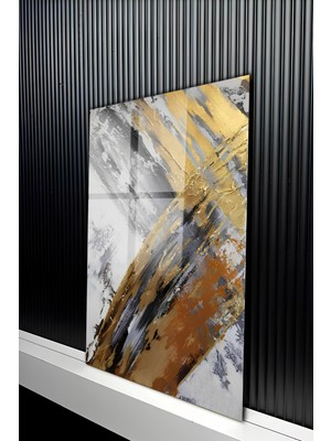 KutuTR Yağlı Boya Dokulu Gold Bakır Detaylı Soyut Tasarım Temperli Cam Tablo 50X70 cm 2d Uv Baskı - YCT227