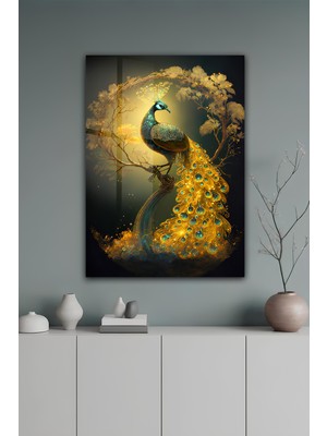 KutuTR Altın Detaylı Tavus Kuşu Temalı Temperli Cam Tablo 50X70 cm 2d Uv Baskı - YCT063