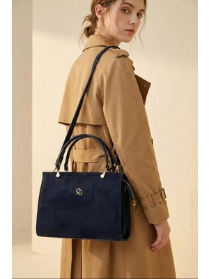 Gaia Rinaldi Kadın Lacivert Süet Çok Bölmeli Omuz Çantası, Ayarlanabilir Uzun Askılı, El Çantası