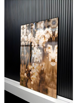 KutuTR Bahar Temalı Estetik Beyaz Çiçekli Dal Tasarımlı Temperli Cam Tablo 50X70 cm 2d Uv Baskı - YCT288