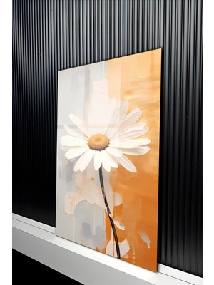 KutuTR Modern Turuncu Gri Fon Üzeri Estetik Papatya Temalı Temperli Cam Tablo 50X70 cm 2d Uv Baskı - YCT157