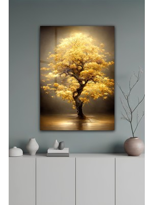 KutuTR Altın Işıltılı Yaşam Ağacı Temalı Temperli Cam Tablo 50X70 cm 2d Uv Baskı - YCT076