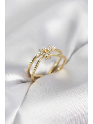 Kaia Life Gold Renk Incili Yıldız Model Zirkon Taşlı Kadın Yüzük