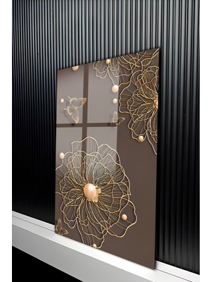 KutuTR Altın Varaklı Modern Çiçek ve Kelebek Temalı Temperli Cam Tablo 50X70 cm 2d Uv Baskı - YCT251