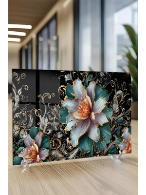 KutuTR Turkuaz ve Altın Detaylı Çiçek Desenli Temperli Cam Tablo 50X70 cm 2d Uv Baskı - YCT019