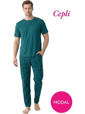 Bie's Erkek Yeşil Modal 3 Düğmeli Ekose Desen Pamuk Likra Kısa Kol Cepli Pijama Takımı