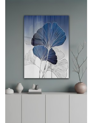 KutuTR Modern Mavi Ginkgo Yaprağı Desenli Temperli Cam Tablo 50X70 cm 2d Uv Baskı - YCT107