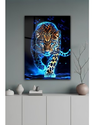 KutuTR Neon Mavi Işıltılı Leopar Temalıtemperli Cam Tablo 50X70 cm 2d Uv Baskı - YCT053