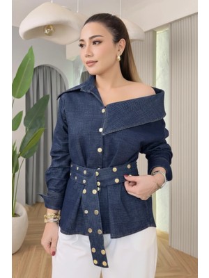 Cemo Kadın Asimetrik Yaka Kemerli Denim Gömlek