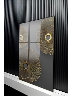 KutuTR Antrasit Zemin Üzerine Altın Varaklı Lineer Çiçek Temperli Cam Tablo 50X70 cm 2d Uv Baskı - YCT196