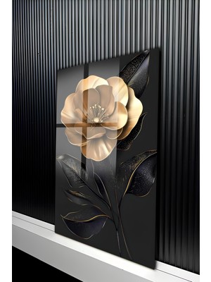 KutuTR Siyah Arka Planlı Estetik Çiçek Tasarımlı Temperli Cam Tablo 50X70 cm 2d Uv Baskı - YCT294
