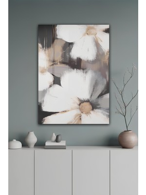 KutuTR Soyut Büyük Beyaz Çiçek Desenli Temperli Cam Tablo 50X70 cm 2d Uv Baskı - YCT104