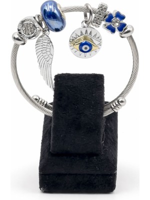 Pangu Nazar Boncuklu Göz ve Kanat Figürlü Gümüş Renk Çelik Charm Bileklik