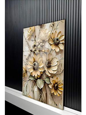 KutuTR Kabartma Efektli Estetik Sarı Çiçek Buketi Temalı Temperli Cam Tablo 50X70 cm 2d Uv Baskı - YCT139