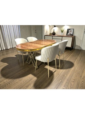 Msy Home  Berya Ceviz Oval Masa Krom Ayak Yönsüz Kumaş Modern ve Şık Yemek Odası Takımı