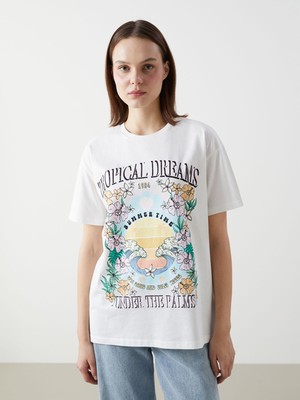 Lc Waikiki Yeni Sezon Bisiklet Yaka Baskılı Kadın Tişört