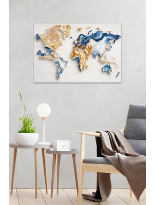 KutuTR Mavi ve Altın Soyut Dünya Haritası Temalı Temperli Cam Tablo 50X70 cm 2d Uv Baskı - YCT033