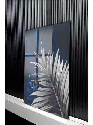 KutuTR Mavi ve Gümüş Tropikal Yaprak Desenli Temperli Cam Tablo 50X70 cm 2d Uv Baskı - YCT203